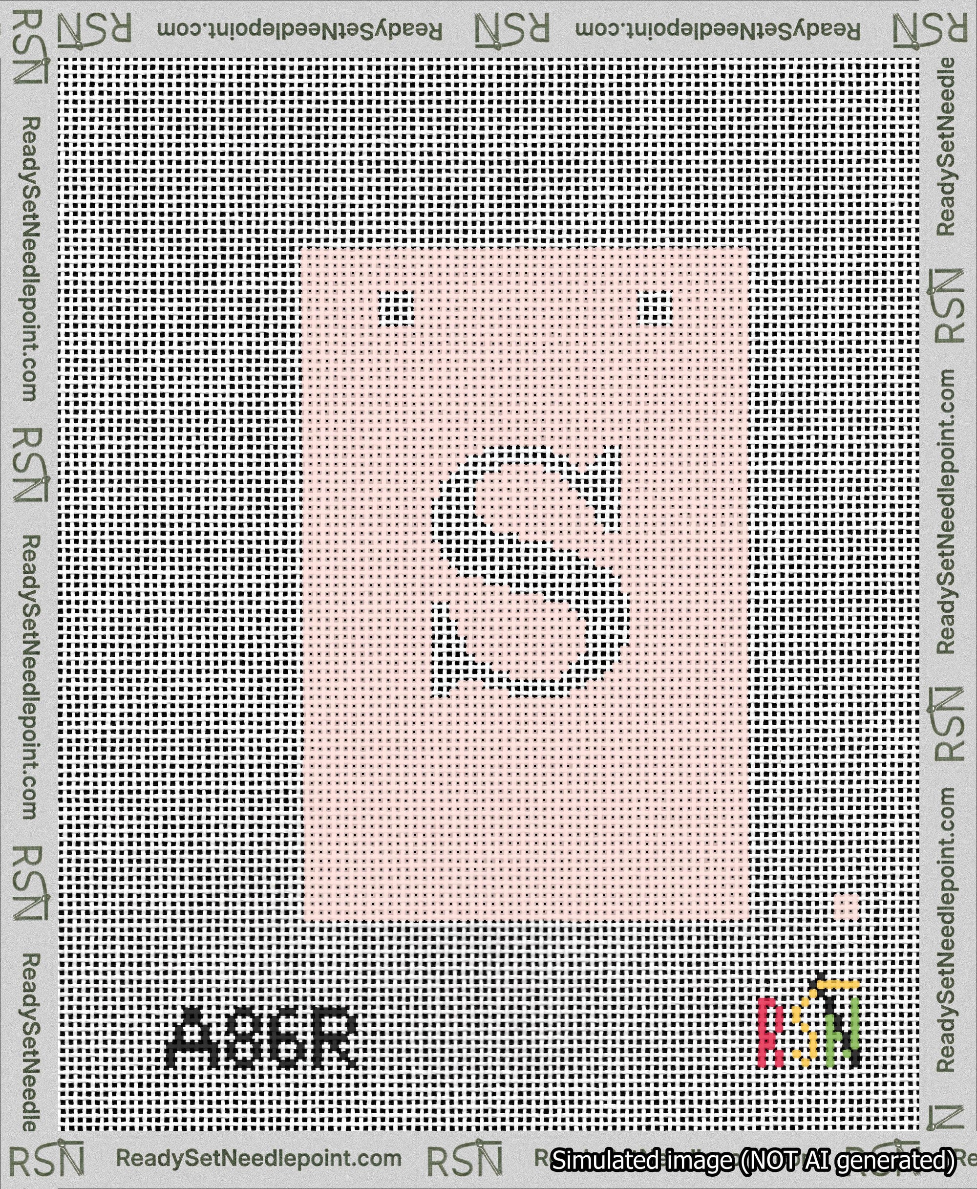 A taped needlepoint canvas with the design: Banner 13 mesh count Squared S White on Pink.