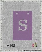 A taped needlepoint canvas with the design: Banner 13 mesh count Squared S White on Purple.
