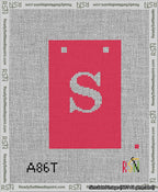 A taped needlepoint canvas with the design: Banner 13 mesh count Squared S White on Red.