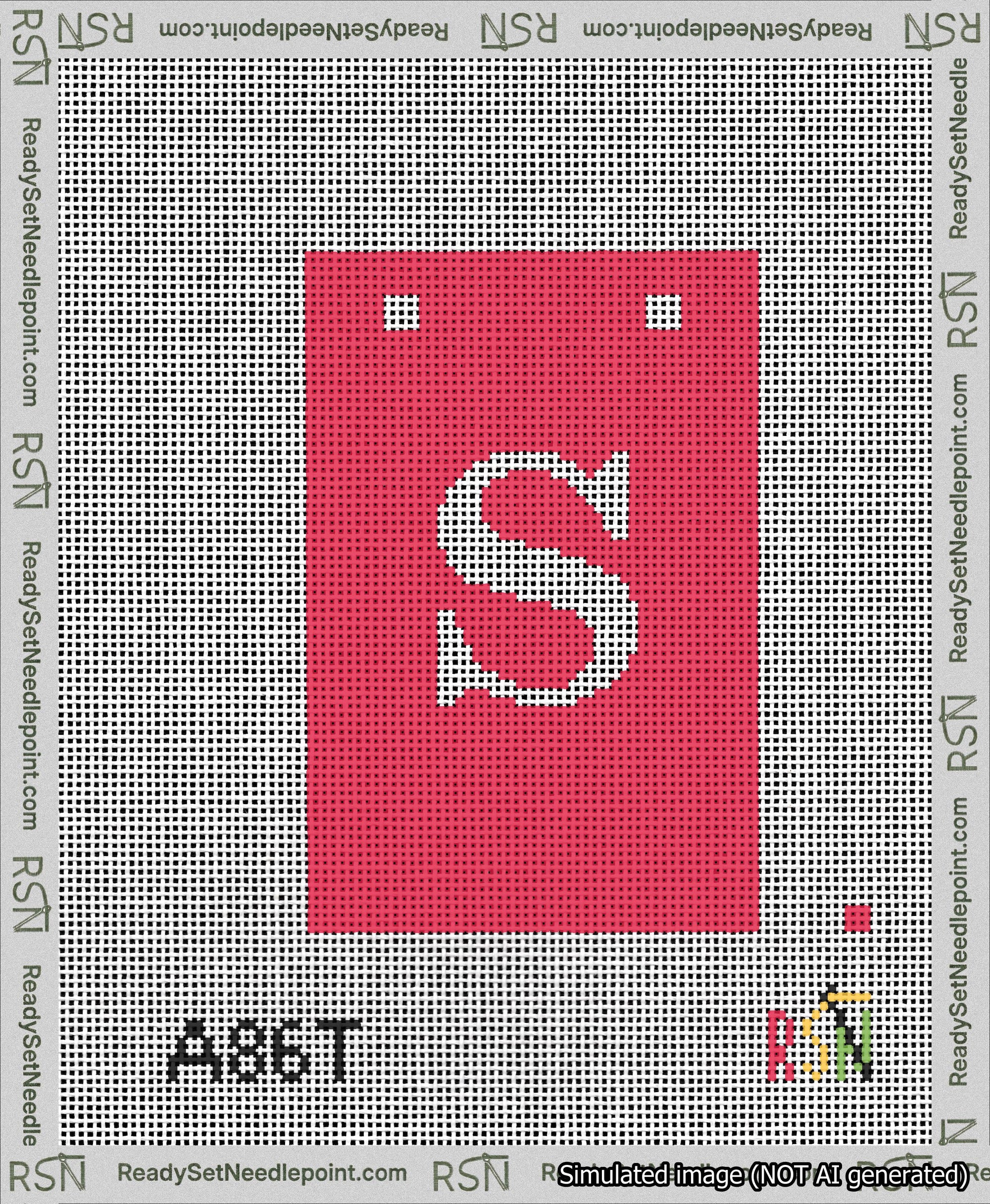 A taped needlepoint canvas with the design: Banner 13 mesh count Squared S White on Red.