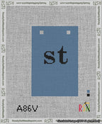 A taped needlepoint canvas with the design: Banner 13 mesh count Squared st Black on Blue.