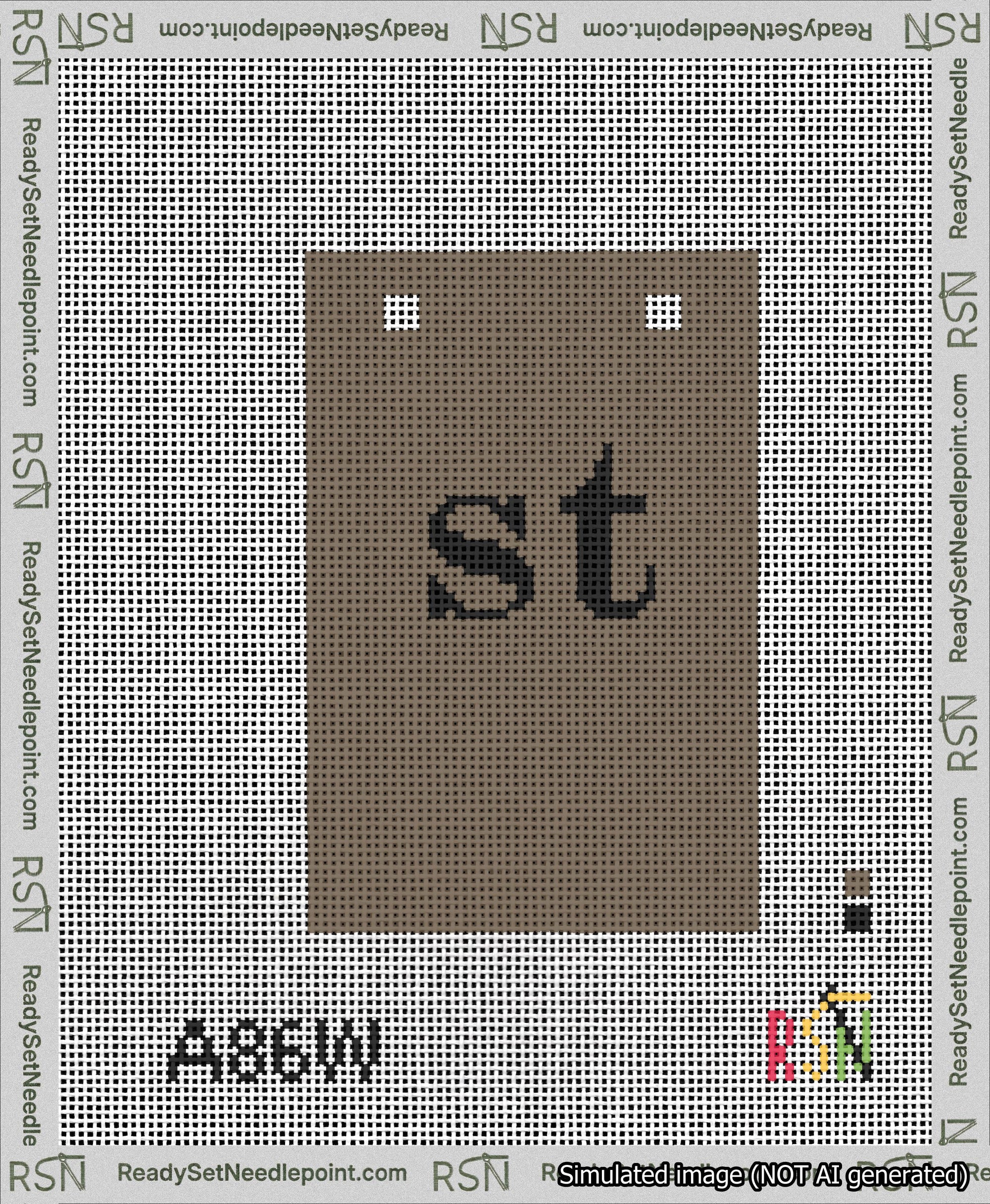 A taped needlepoint canvas with the design: Banner 13 mesh count Squared st Black on Brown.