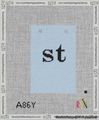A taped needlepoint canvas with the design: Banner 13 mesh count Squared st Black on Light Blue.
