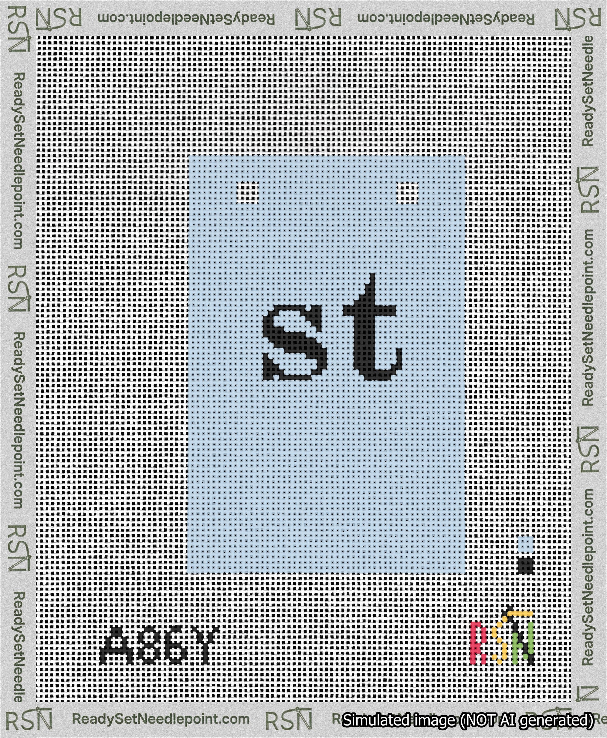 A taped needlepoint canvas with the design: Banner 13 mesh count Squared st Black on Light Blue.