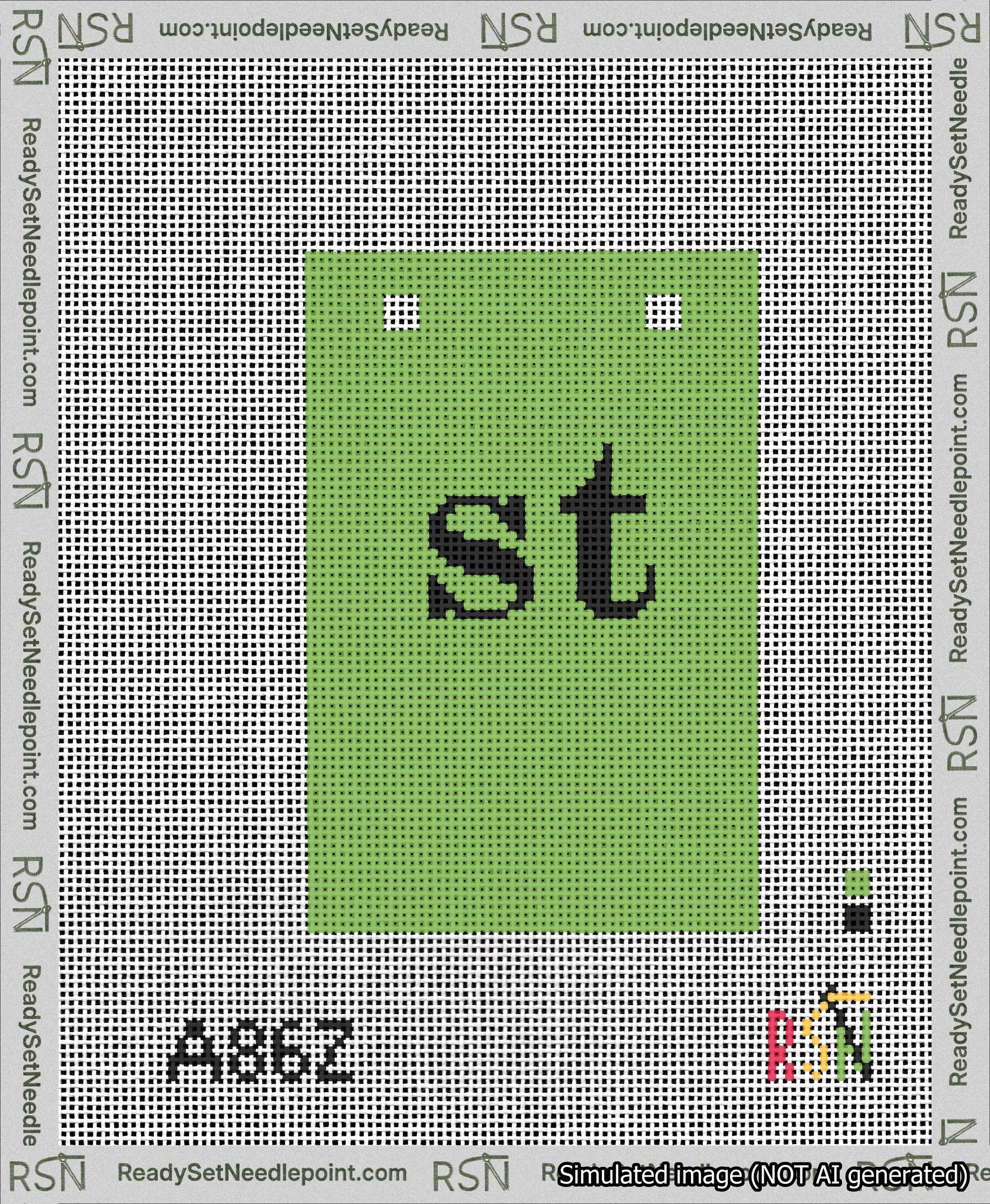 A taped needlepoint canvas with the design: Banner 13 mesh count Squared st Black on Light Green.