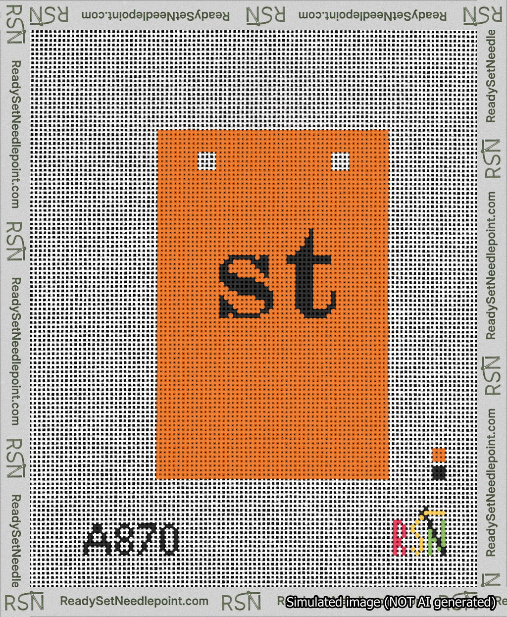 A taped needlepoint canvas with the design: Banner 13 mesh count Squared st Black on Orange.