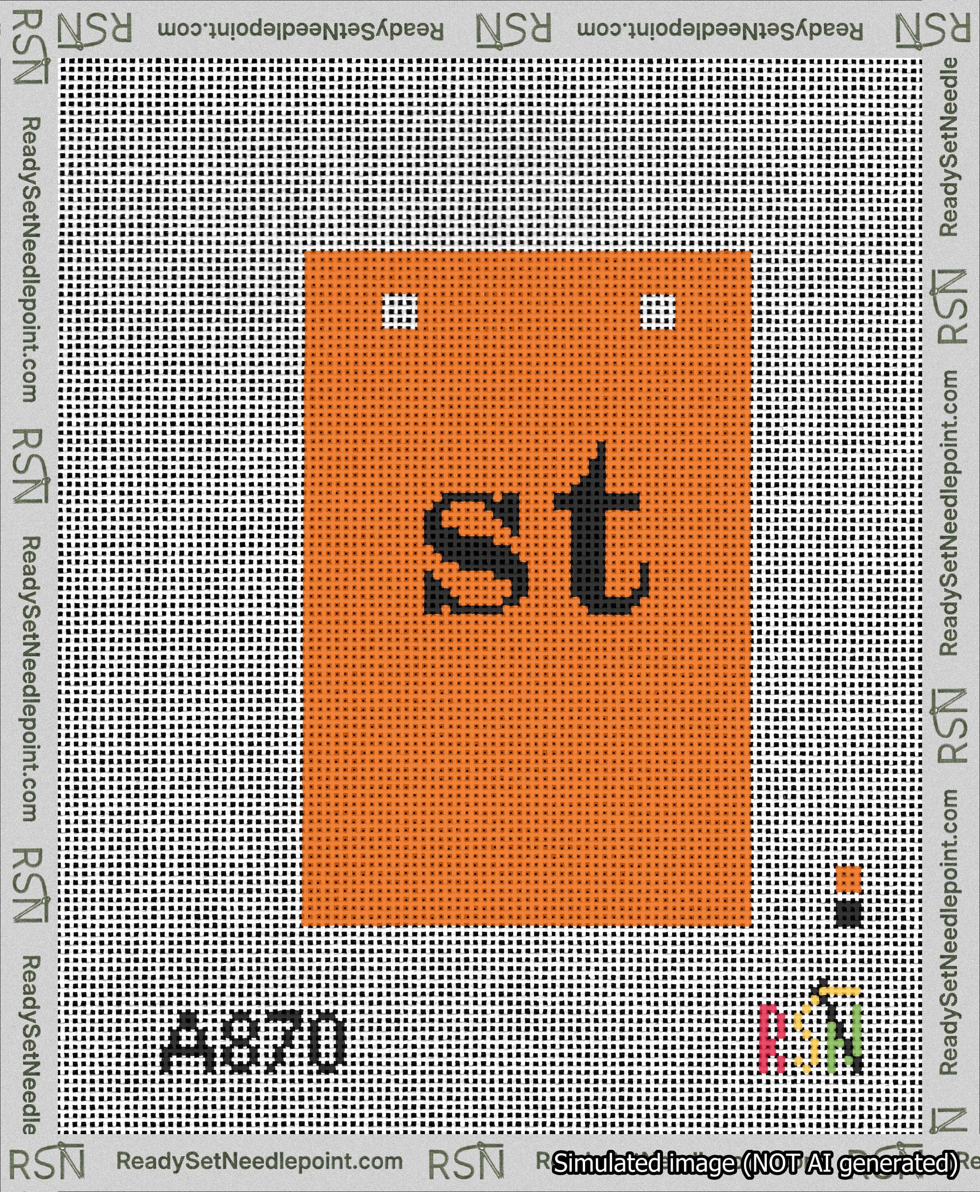 A taped needlepoint canvas with the design: Banner 13 mesh count Squared st Black on Orange.