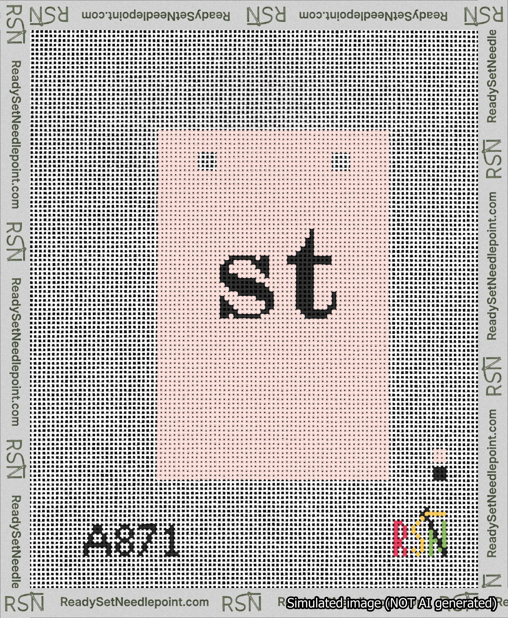 A taped needlepoint canvas with the design: Banner 13 mesh count Squared st Black on Pink.