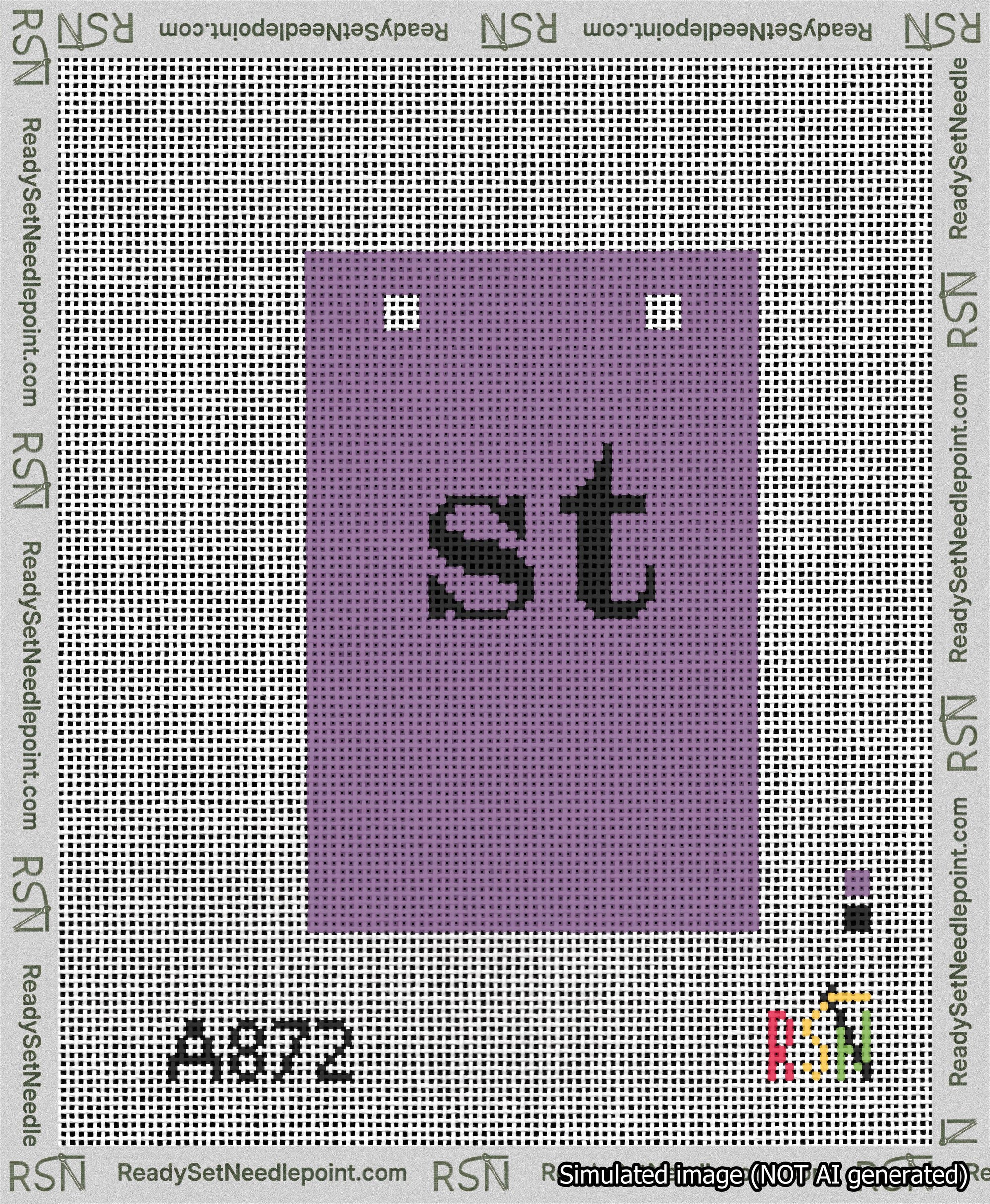 A taped needlepoint canvas with the design: Banner 13 mesh count Squared st Black on Purple.