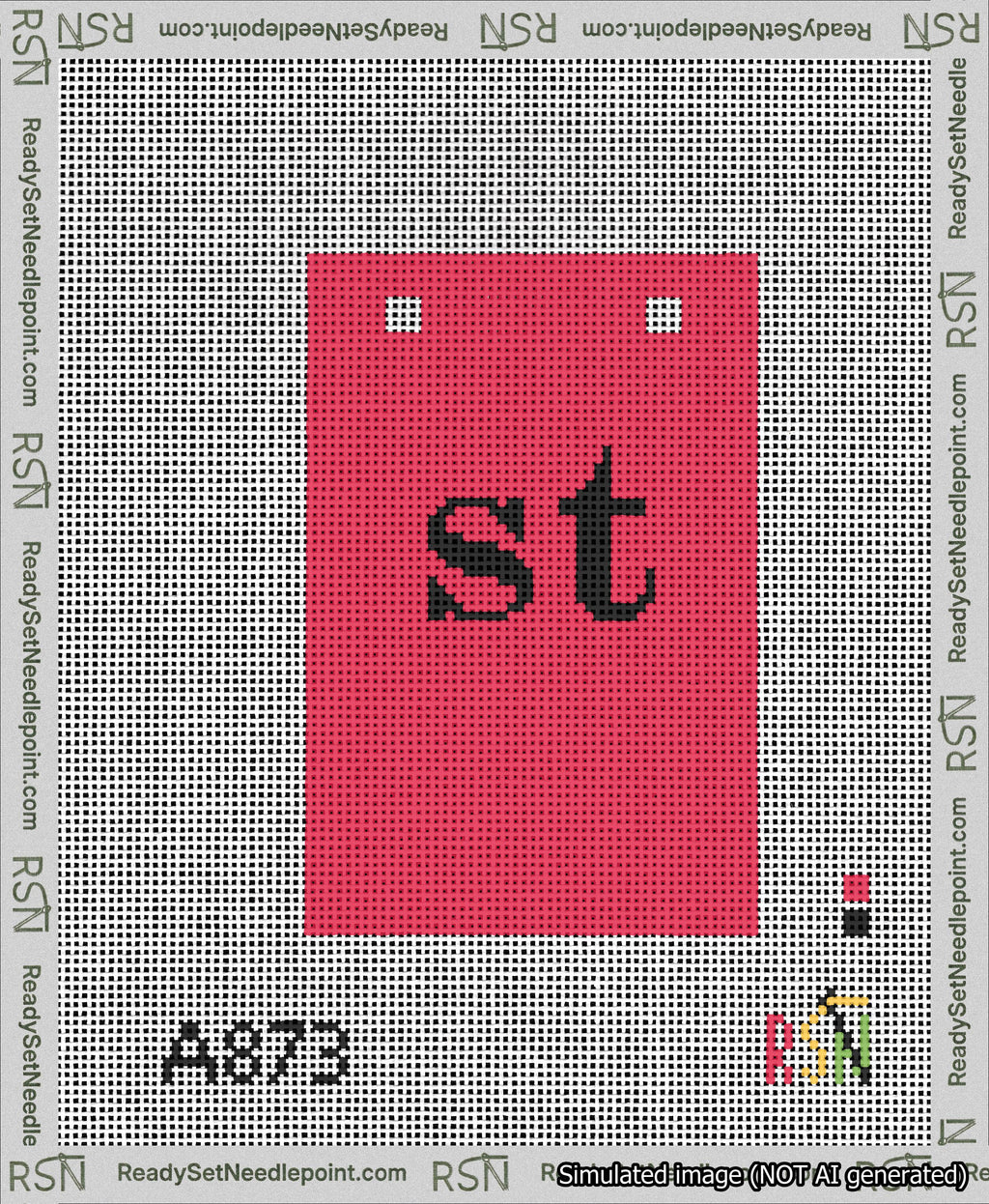 A taped needlepoint canvas with the design: Banner 13 mesh count Squared st Black on Red.