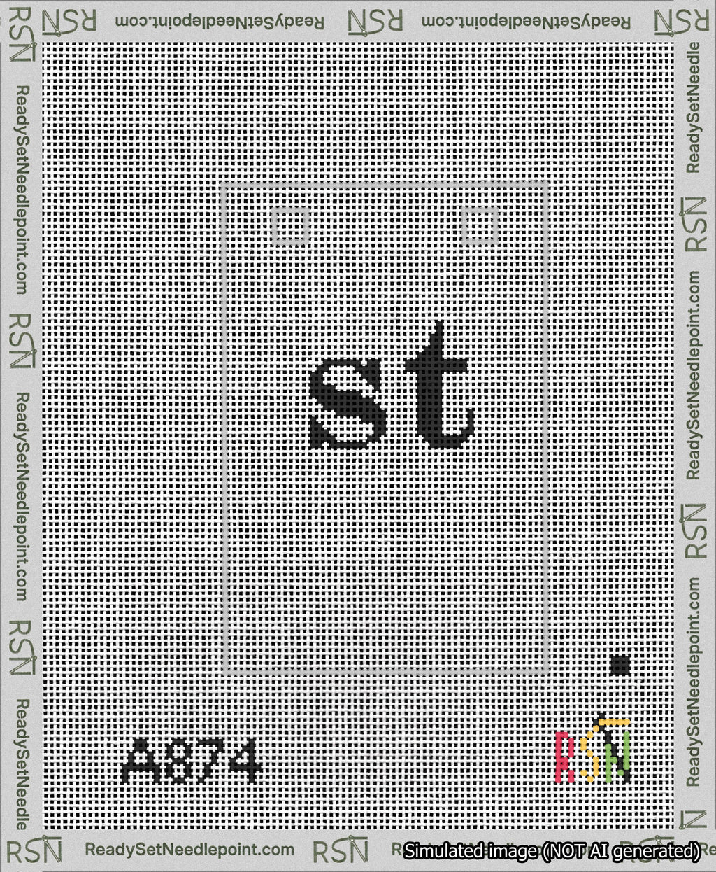 A taped needlepoint canvas with the design: Banner 13 mesh count Squared st Black on White.