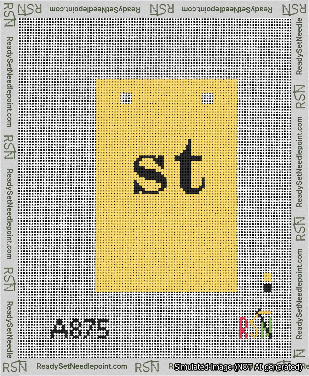 A taped needlepoint canvas with the design: Banner 13 mesh count Squared st Black on Yellow.