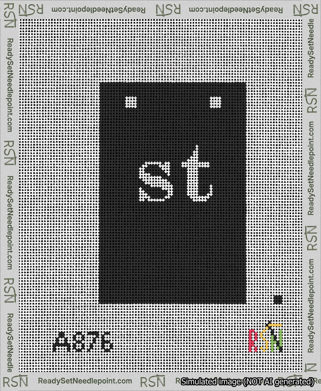A taped needlepoint canvas with the design: Banner 13 mesh count Squared st White on Black.
