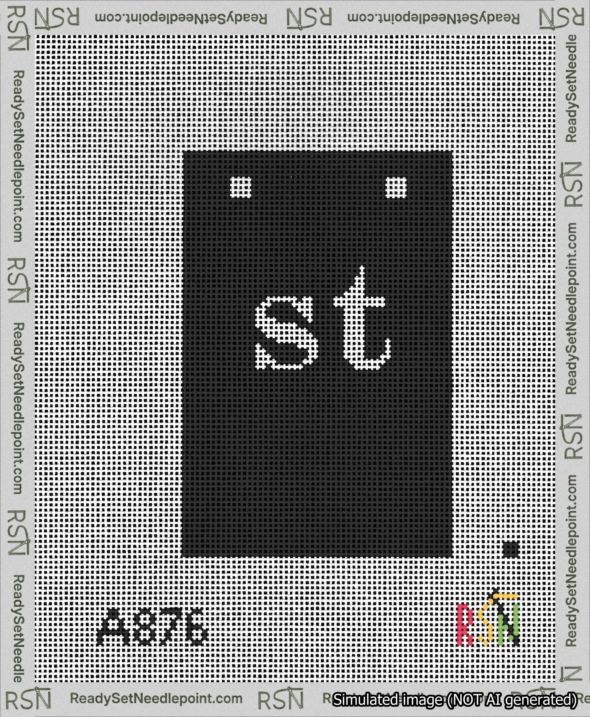 A taped needlepoint canvas with the design: Banner 13 mesh count Squared st White on Black.