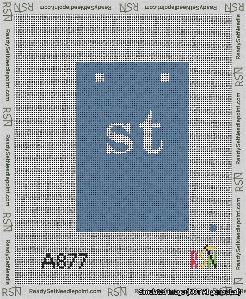 A taped needlepoint canvas with the design: Banner 13 mesh count Squared st White on Blue.