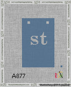 A taped needlepoint canvas with the design: Banner 13 mesh count Squared st White on Blue.