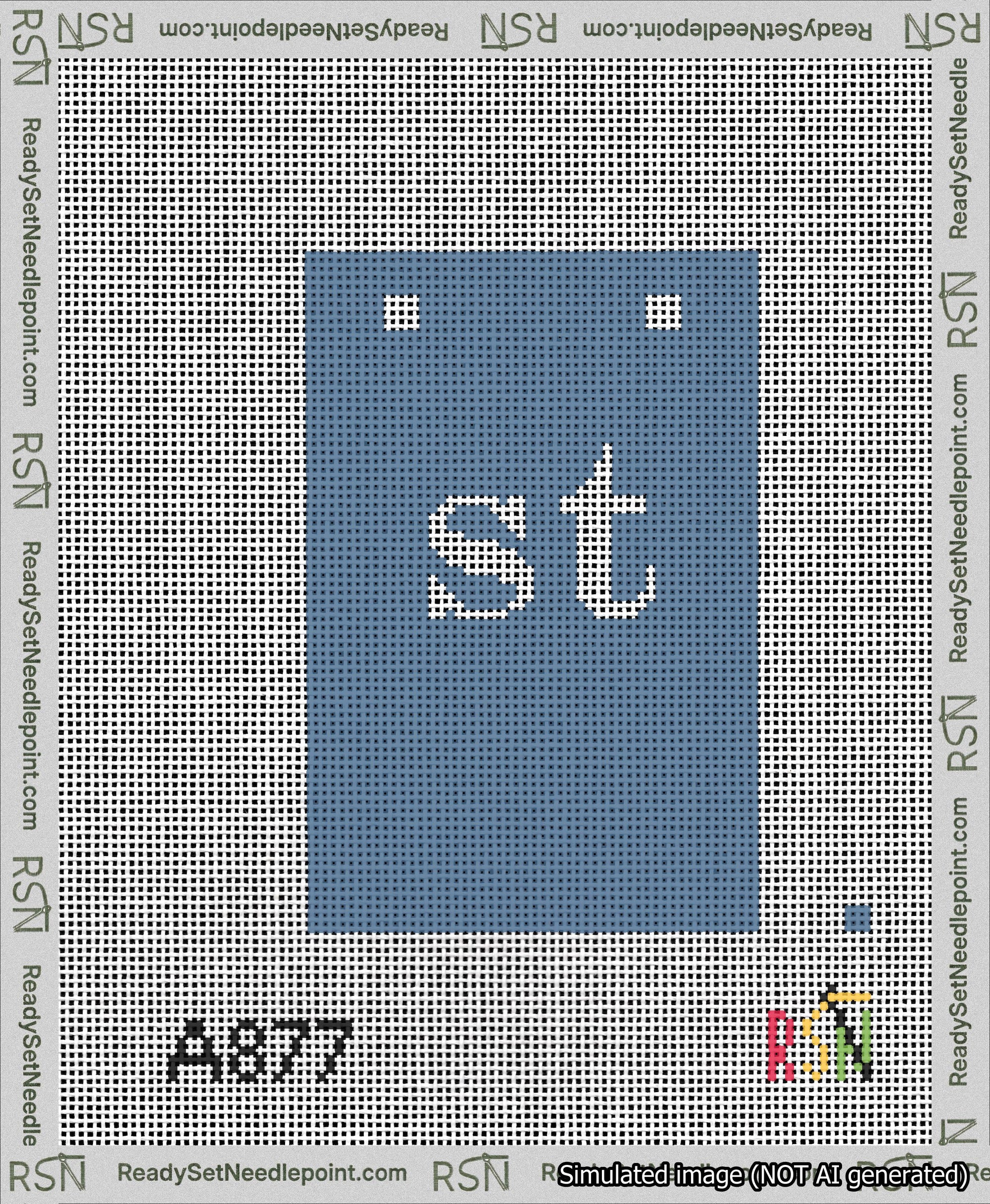 A taped needlepoint canvas with the design: Banner 13 mesh count Squared st White on Blue.
