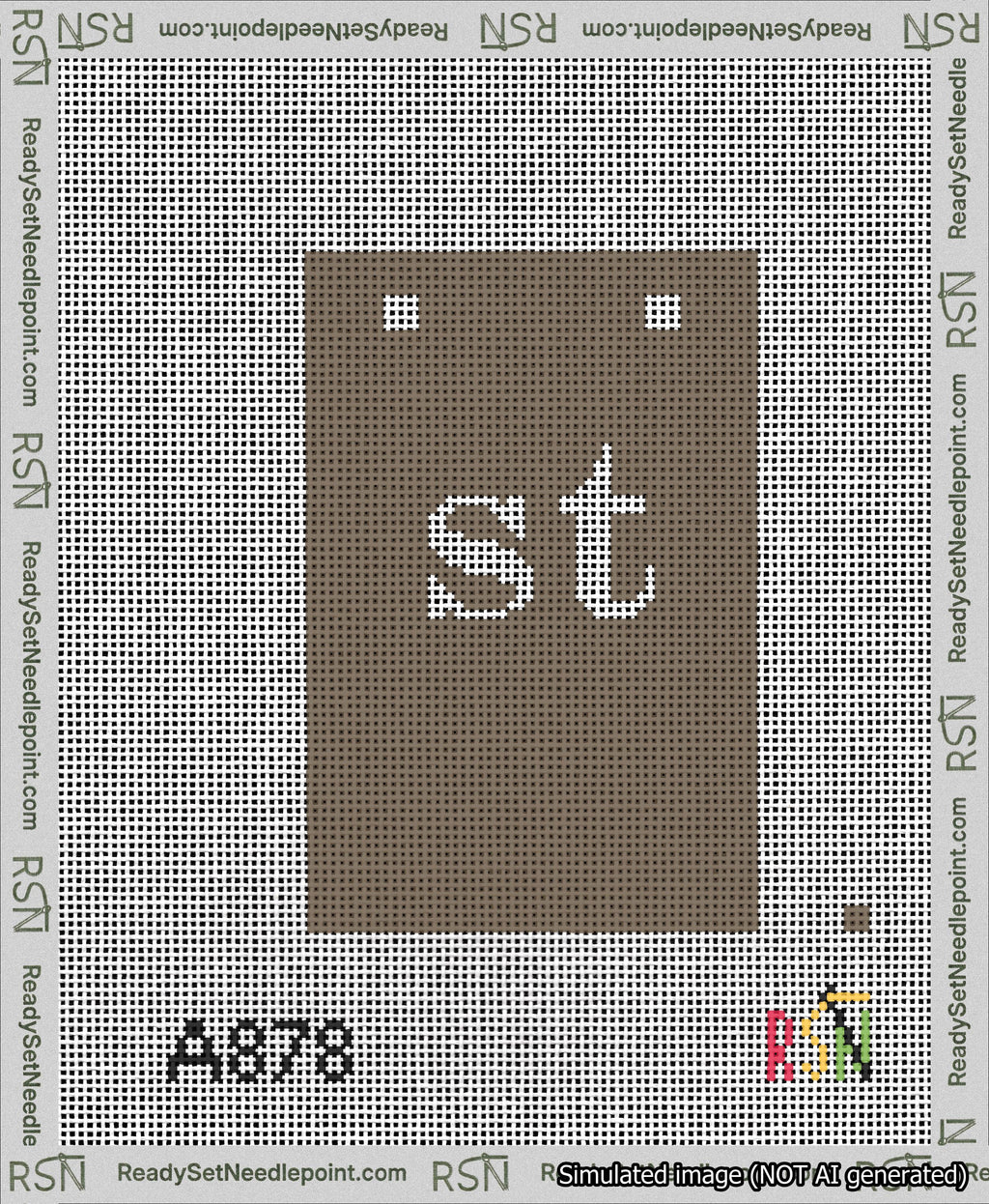 A taped needlepoint canvas with the design: Banner 13 mesh count Squared st White on Brown.