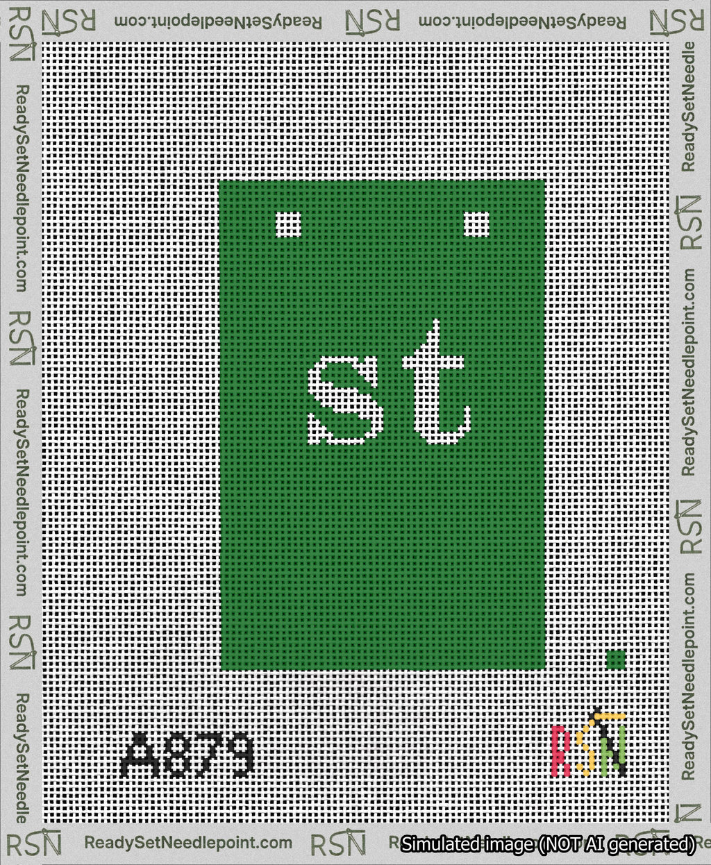 A taped needlepoint canvas with the design: Banner 13 mesh count Squared st White on Green.