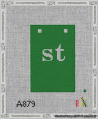 A taped needlepoint canvas with the design: Banner 13 mesh count Squared st White on Green.