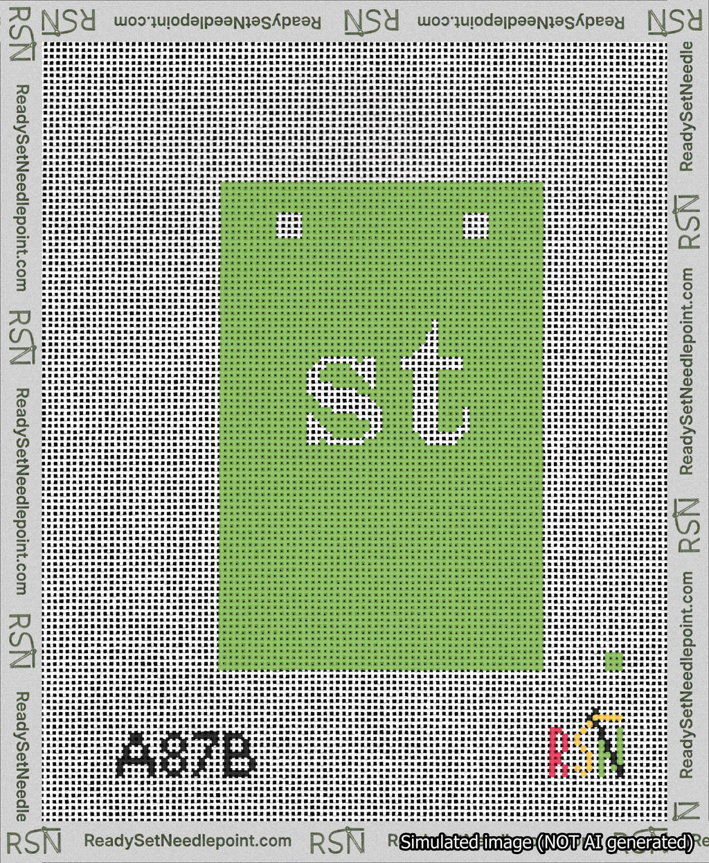 A taped needlepoint canvas with the design: Banner 13 mesh count Squared st White on Light Green.