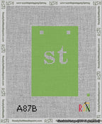 A taped needlepoint canvas with the design: Banner 13 mesh count Squared st White on Light Green.