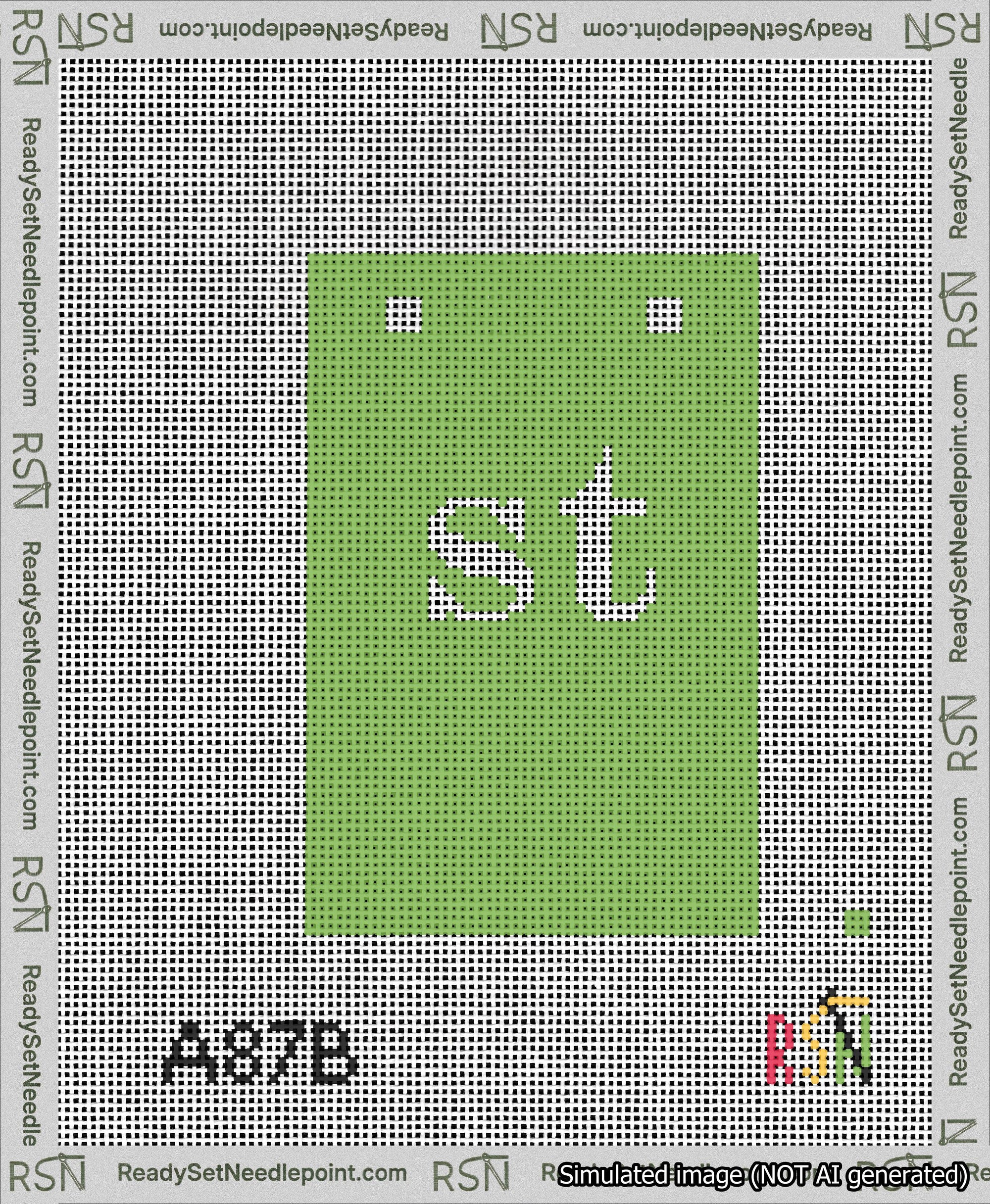 A taped needlepoint canvas with the design: Banner 13 mesh count Squared st White on Light Green.
