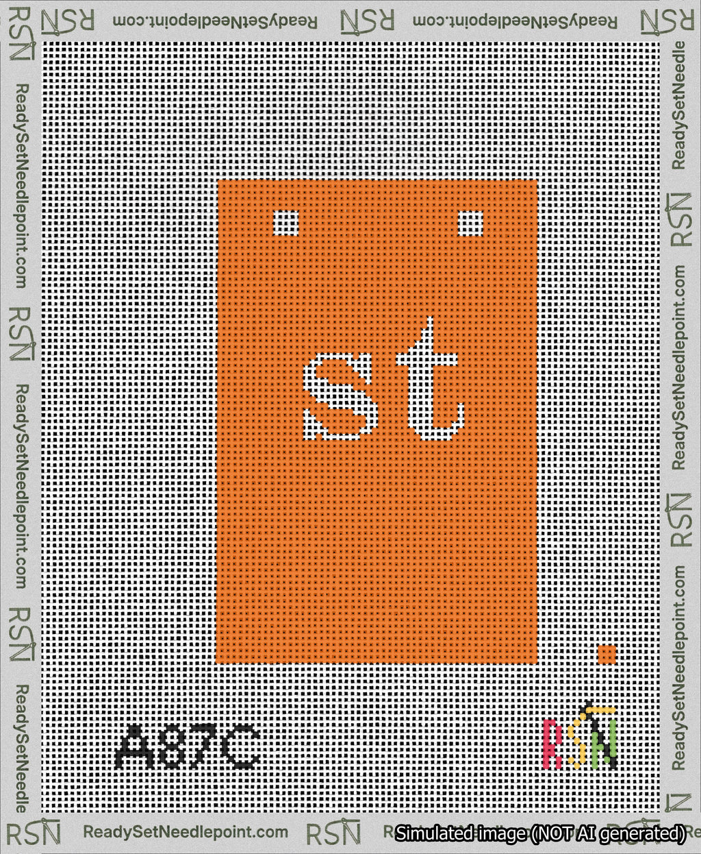A taped needlepoint canvas with the design: Banner 13 mesh count Squared st White on Orange.