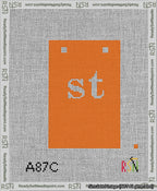 A taped needlepoint canvas with the design: Banner 13 mesh count Squared st White on Orange.