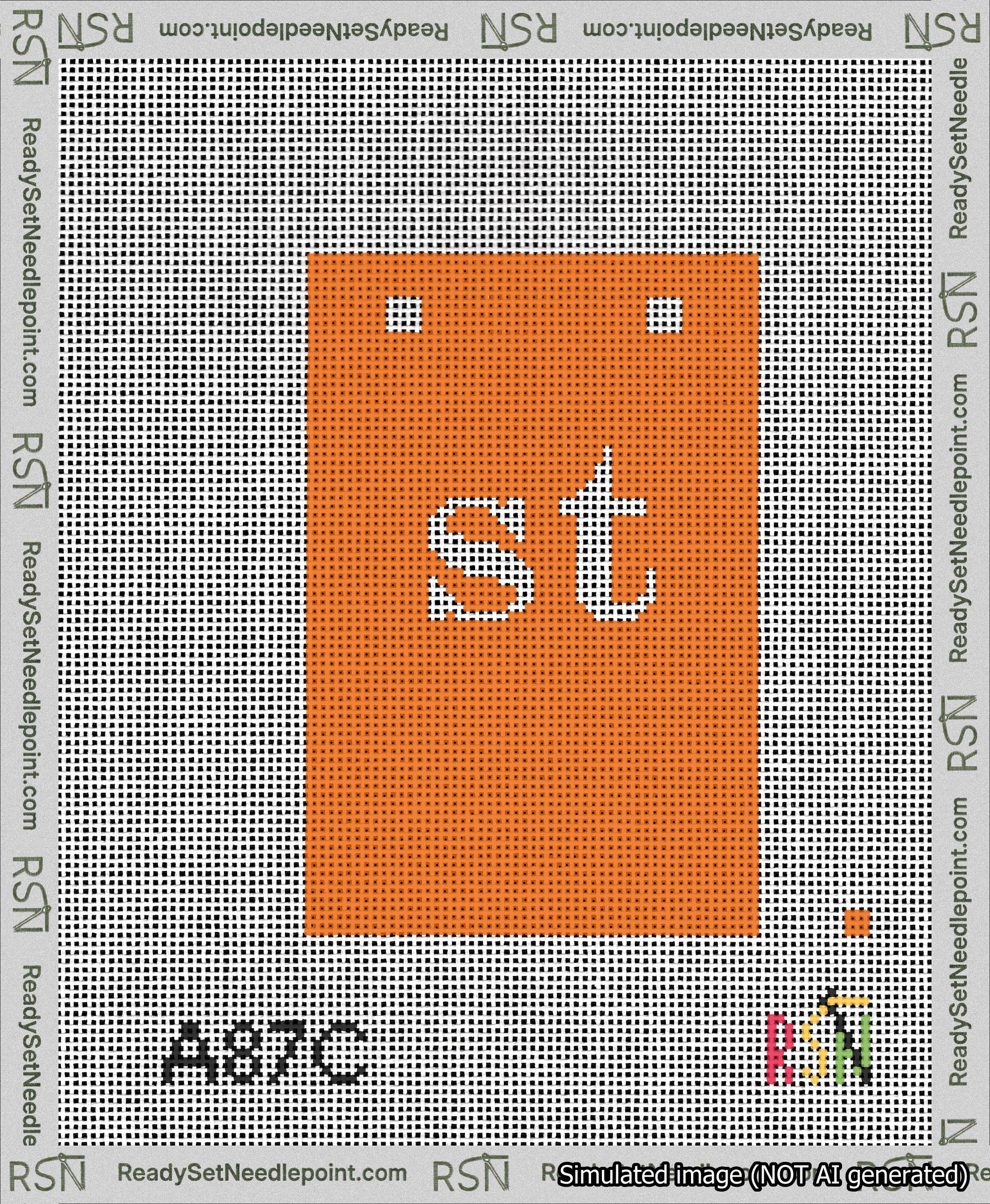 A taped needlepoint canvas with the design: Banner 13 mesh count Squared st White on Orange.