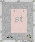 A taped needlepoint canvas with the design: Banner 13 mesh count Squared st White on Pink.