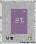 A taped needlepoint canvas with the design: Banner 13 mesh count Squared st White on Purple.