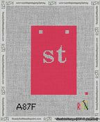 A taped needlepoint canvas with the design: Banner 13 mesh count Squared st White on Red.