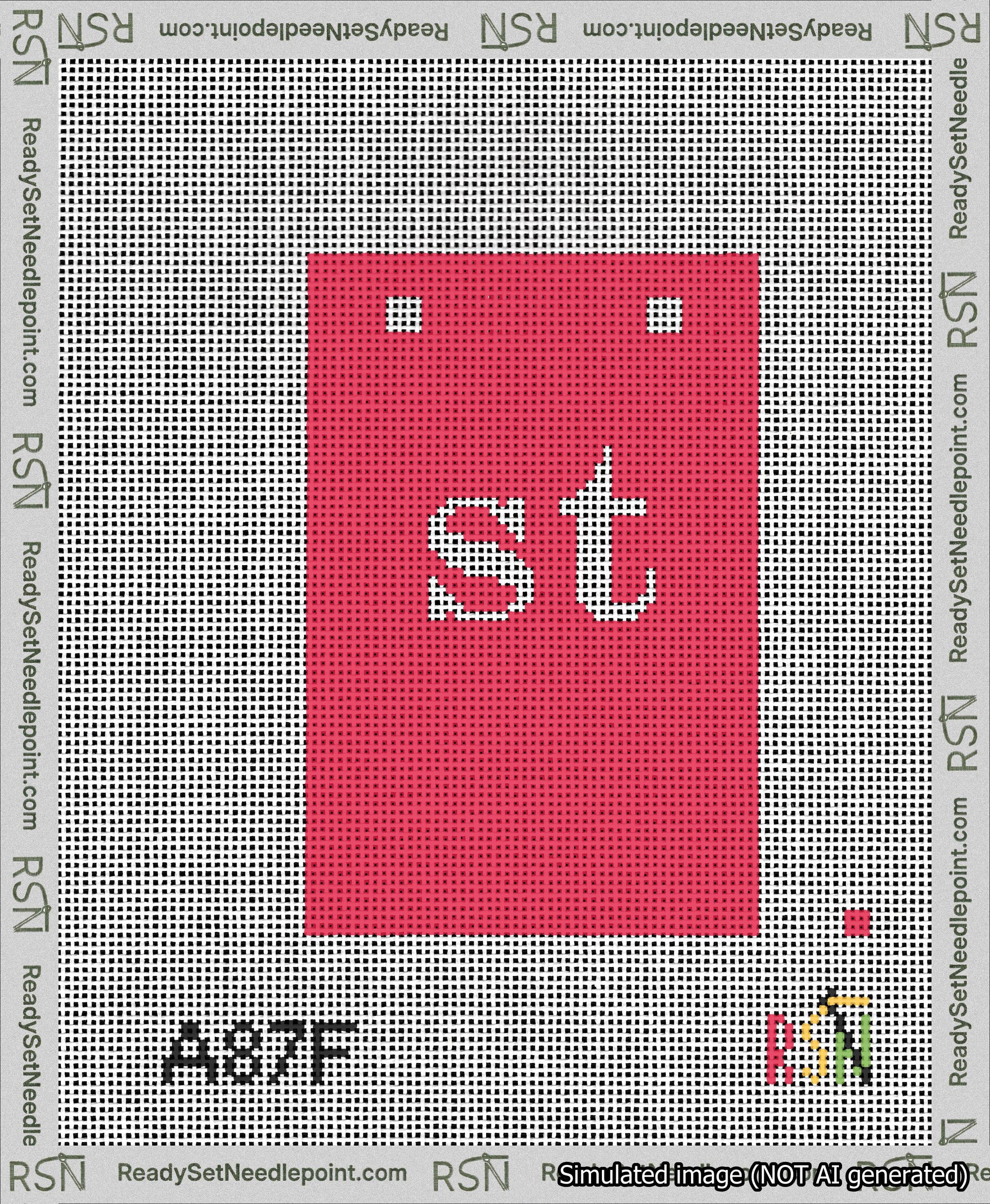 A taped needlepoint canvas with the design: Banner 13 mesh count Squared st White on Red.