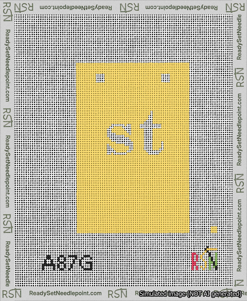 A taped needlepoint canvas with the design: Banner 13 mesh count Squared st White on Yellow.