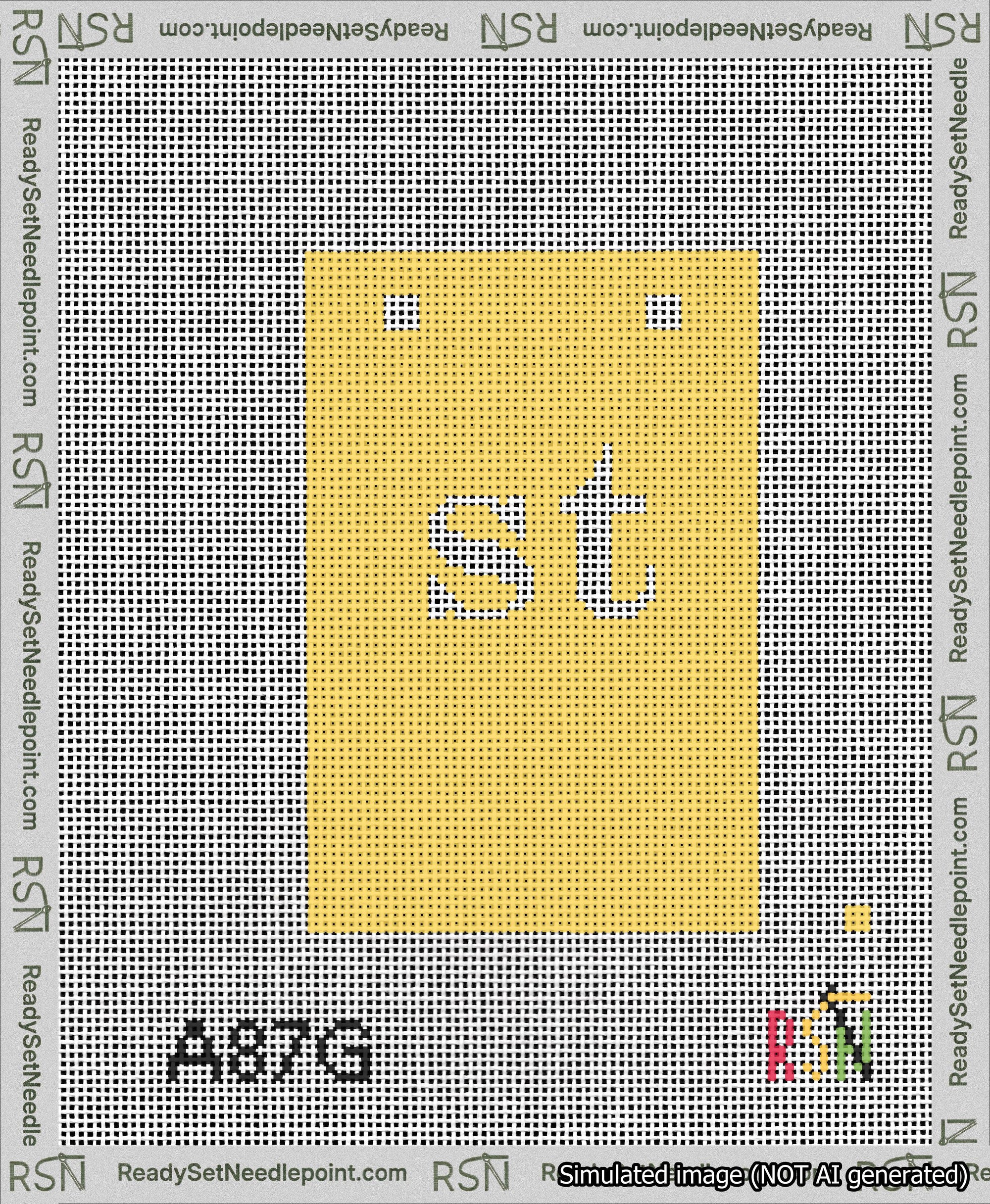 A taped needlepoint canvas with the design: Banner 13 mesh count Squared st White on Yellow.