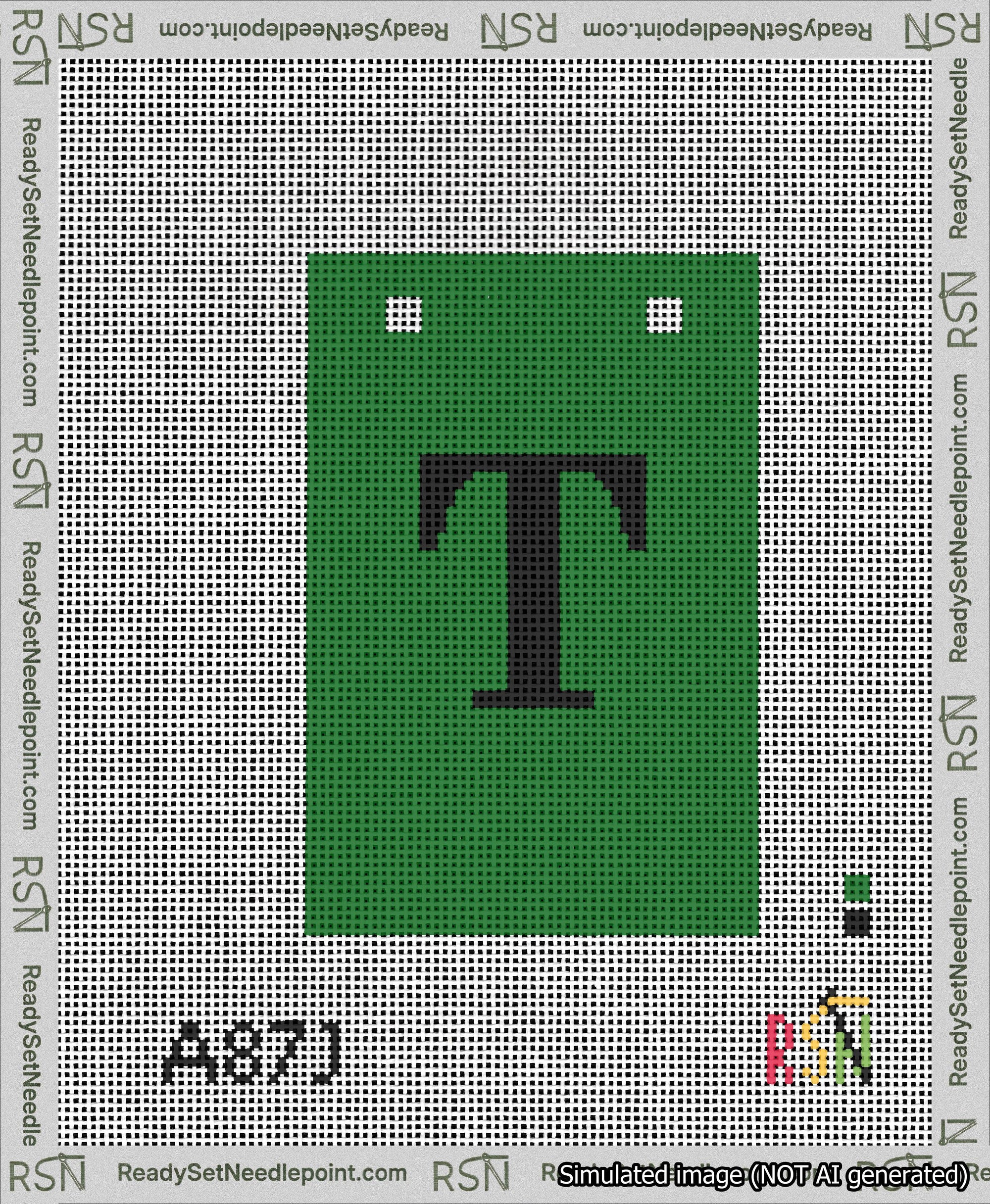 A taped needlepoint canvas with the design: Banner 13 mesh count Squared T Black on Green.