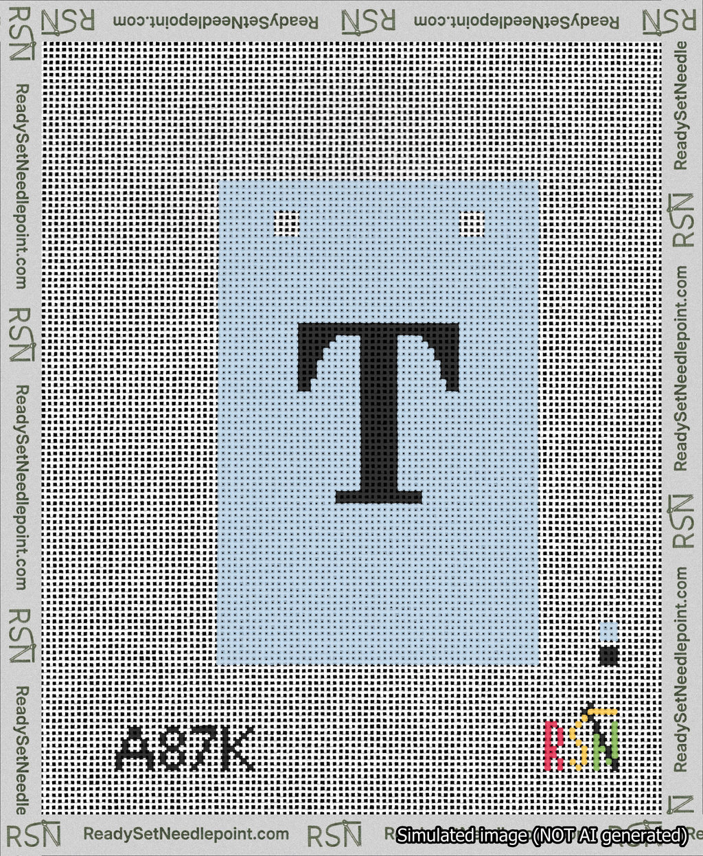A taped needlepoint canvas with the design: Banner 13 mesh count Squared T Black on Light Blue.