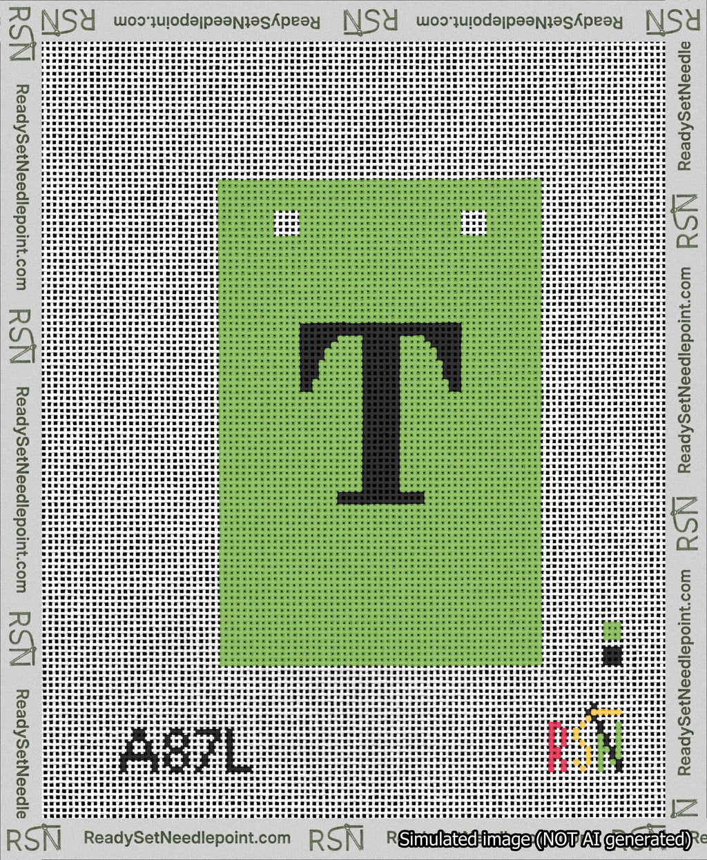 A taped needlepoint canvas with the design: Banner 13 mesh count Squared T Black on Light Green.