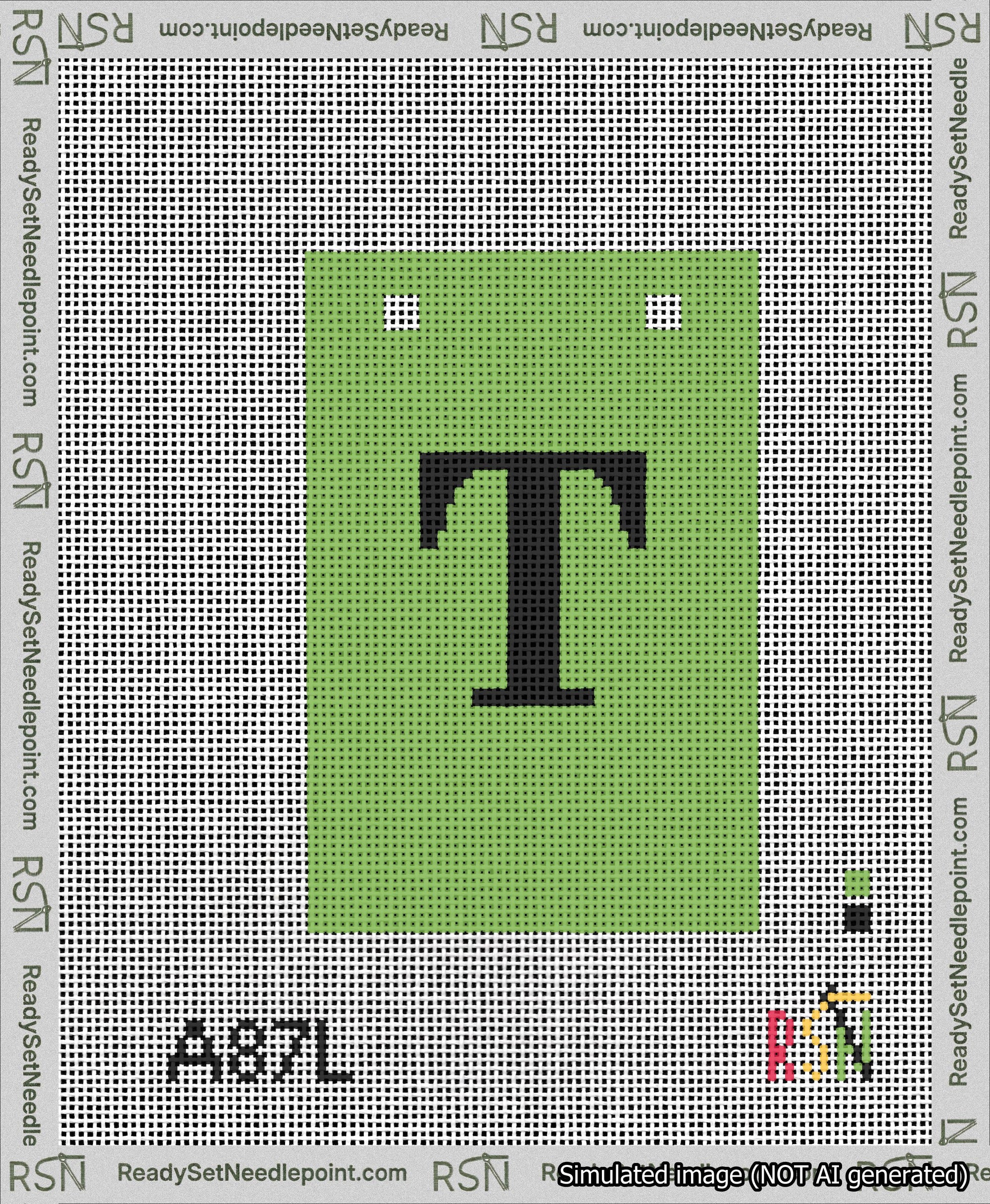 A taped needlepoint canvas with the design: Banner 13 mesh count Squared T Black on Light Green.