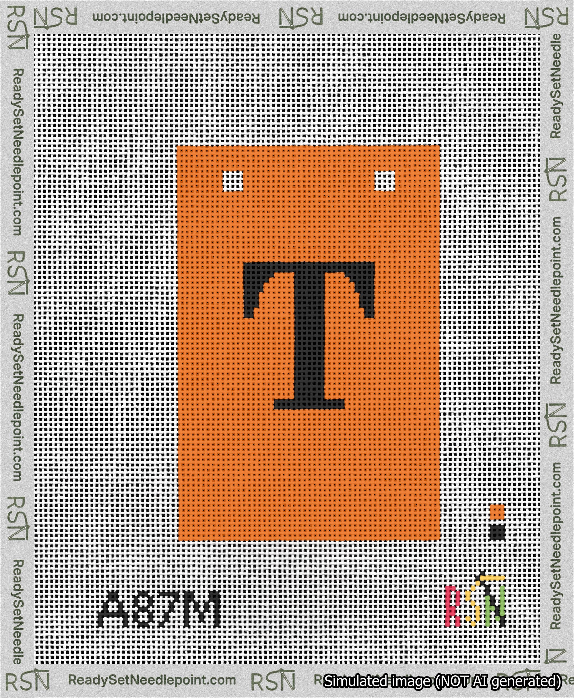 A taped needlepoint canvas with the design: Banner 13 mesh count Squared T Black on Orange.