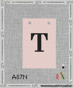 A taped needlepoint canvas with the design: Banner 13 mesh count Squared T Black on Pink.