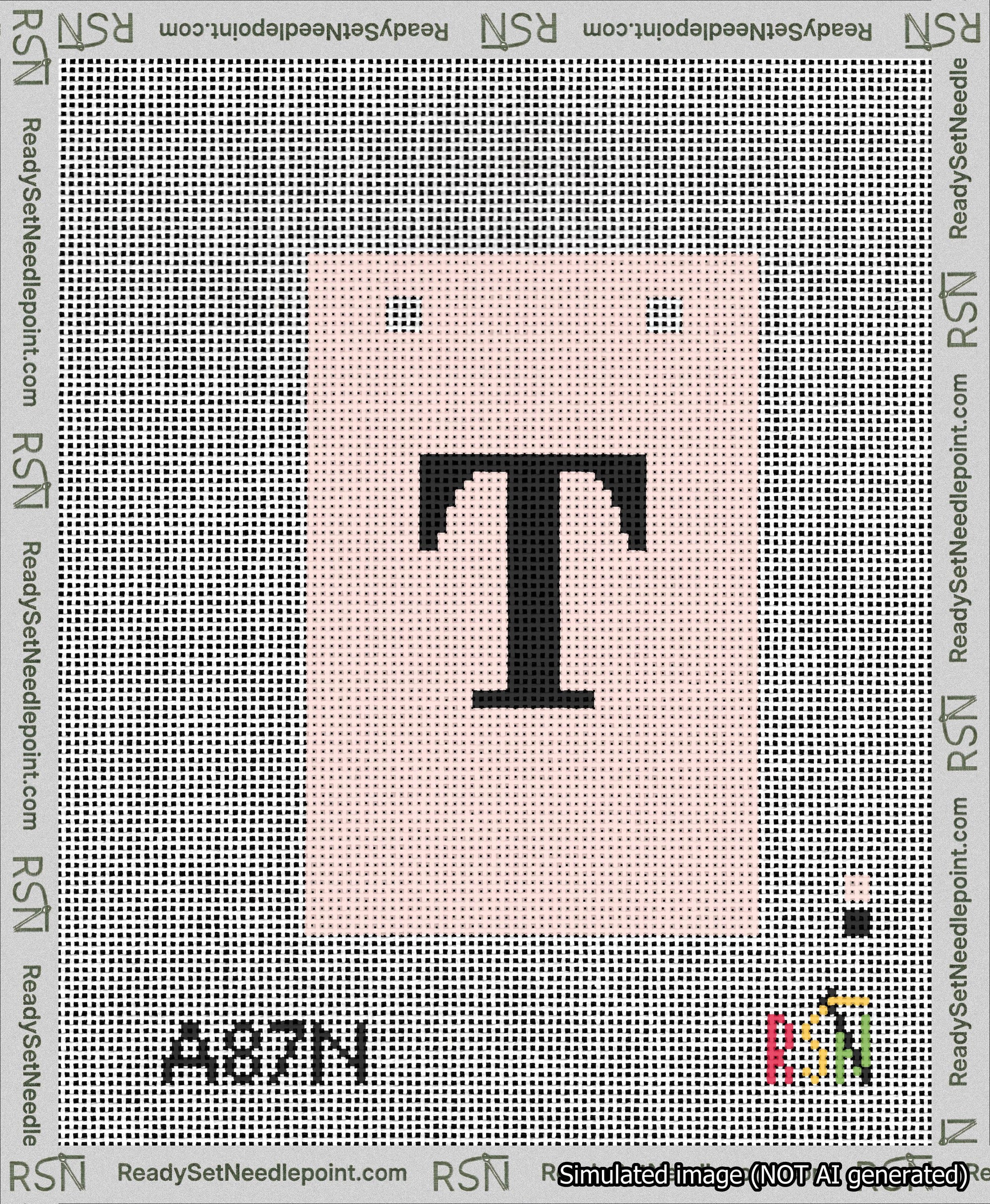 A taped needlepoint canvas with the design: Banner 13 mesh count Squared T Black on Pink.