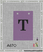 A taped needlepoint canvas with the design: Banner 13 mesh count Squared T Black on Purple.