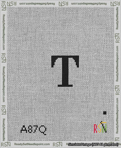 A taped needlepoint canvas with the design: Banner 13 mesh count Squared T Black on White.