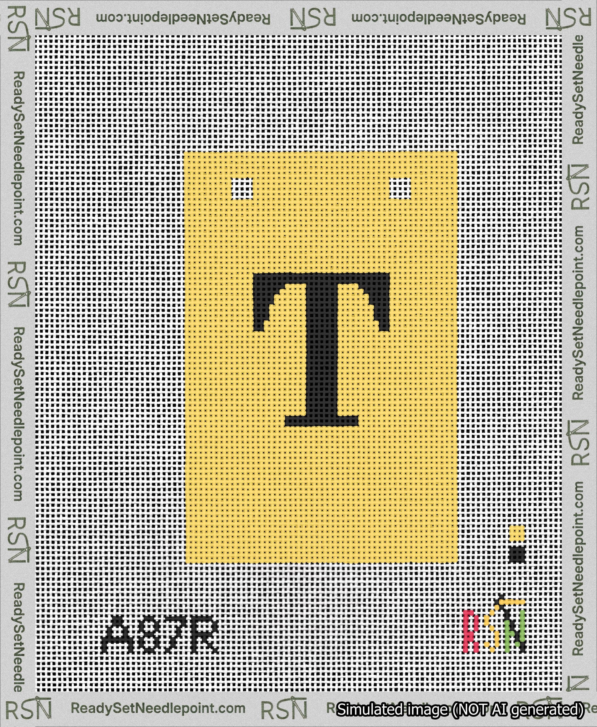A taped needlepoint canvas with the design: Banner 13 mesh count Squared T Black on Yellow.