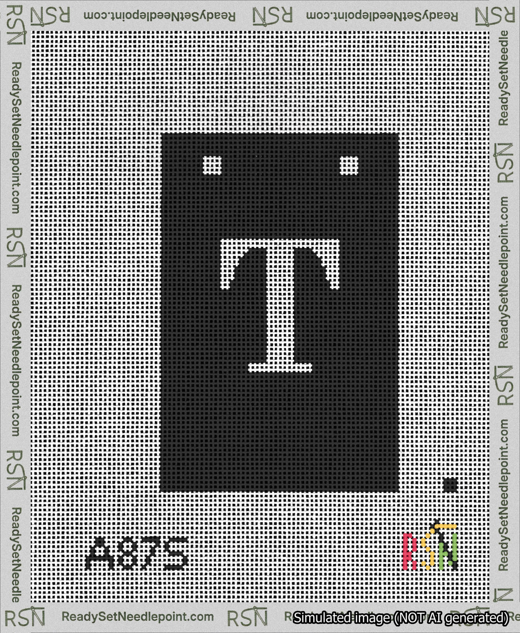 A taped needlepoint canvas with the design: Banner 13 mesh count Squared T White on Black.