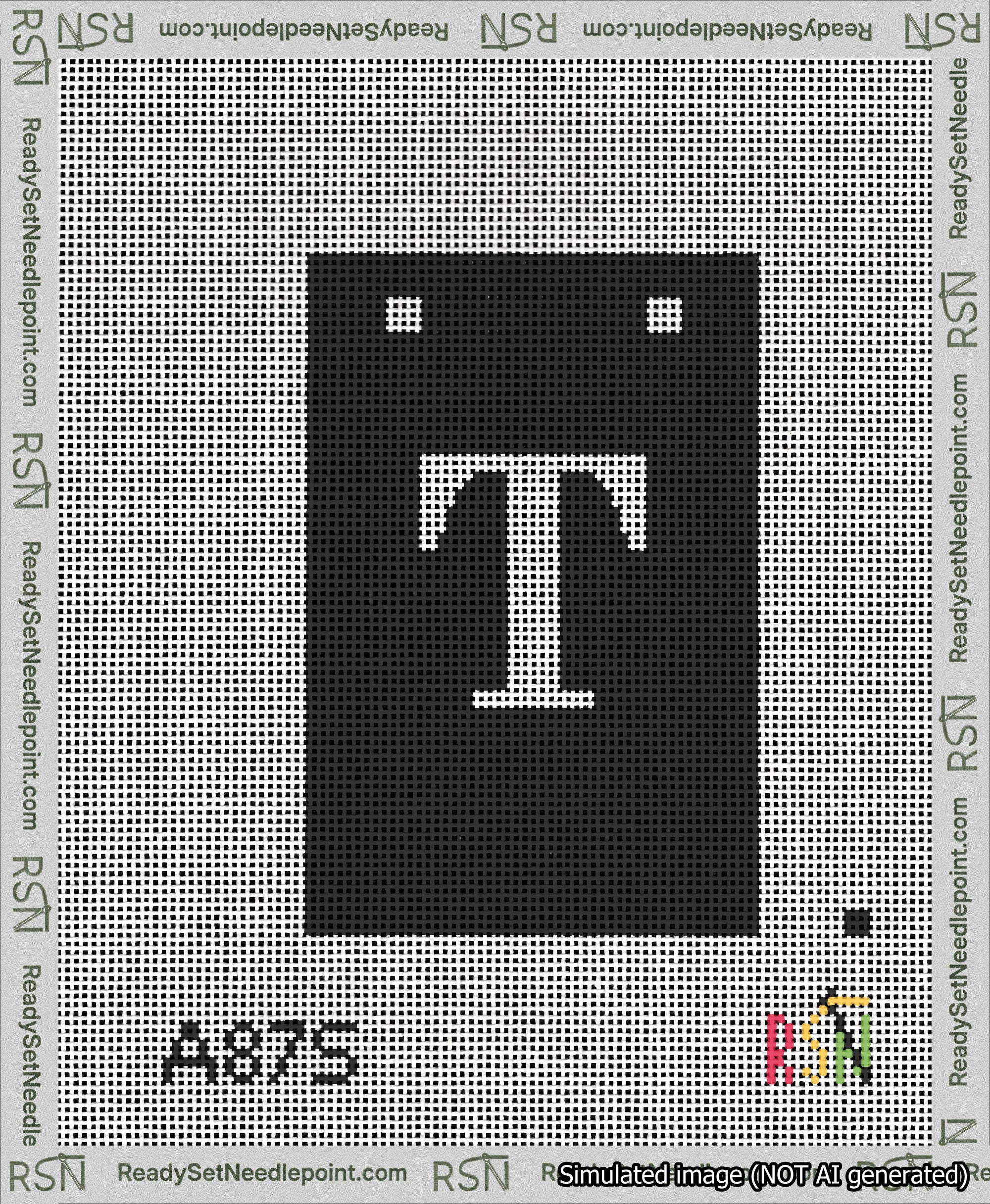A taped needlepoint canvas with the design: Banner 13 mesh count Squared T White on Black.