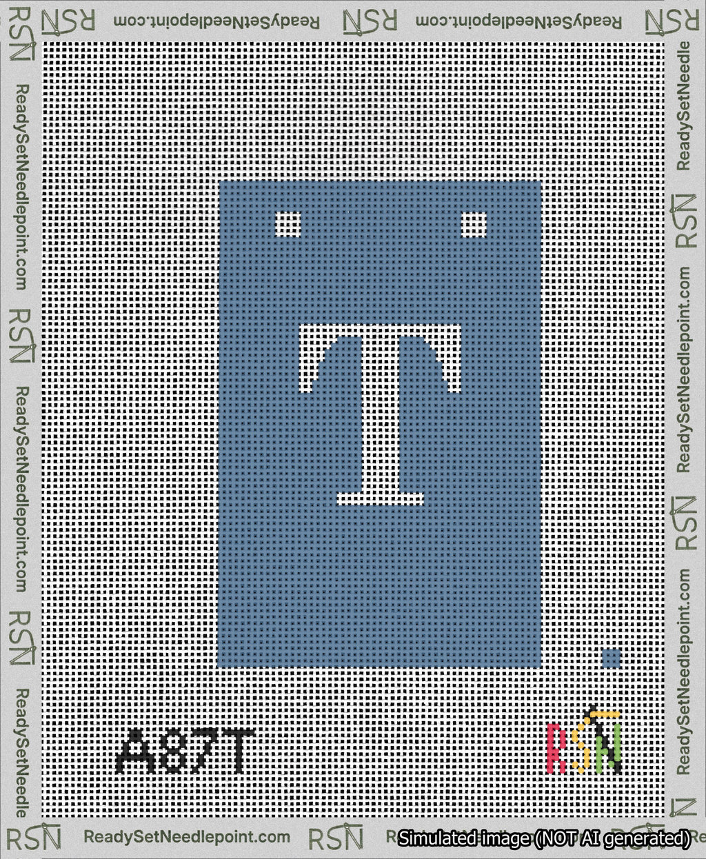 A taped needlepoint canvas with the design: Banner 13 mesh count Squared T White on Blue.