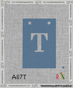 A taped needlepoint canvas with the design: Banner 13 mesh count Squared T White on Blue.